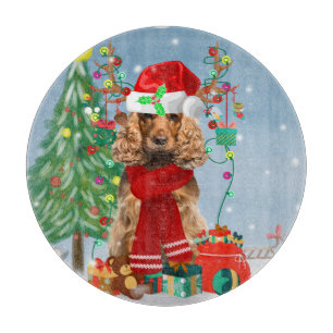 Cocker Spaniel Dog in Snow with Christmas Gifts Cutting Board