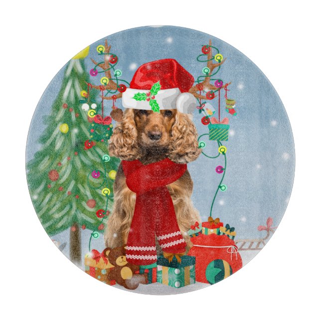 Cocker Spaniel Dog in Snow with Christmas Gifts  Cutting Board (Front)