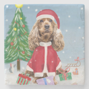 Cocker Spaniel Dog in Snow with Christmas Gifts  Stone Coaster