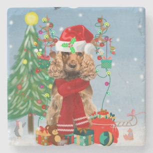 Cocker Spaniel Dog in Snow with Christmas Gifts   Stone Coaster