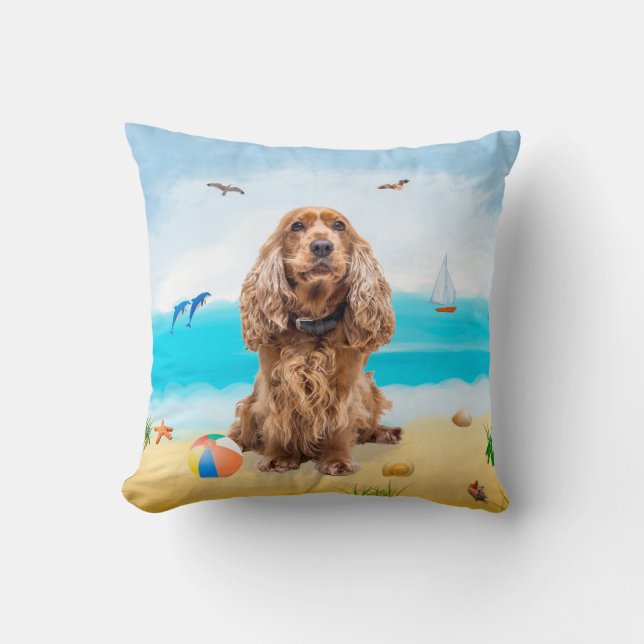 Cocker Spaniel Dog on Beach  Cushion (Front)