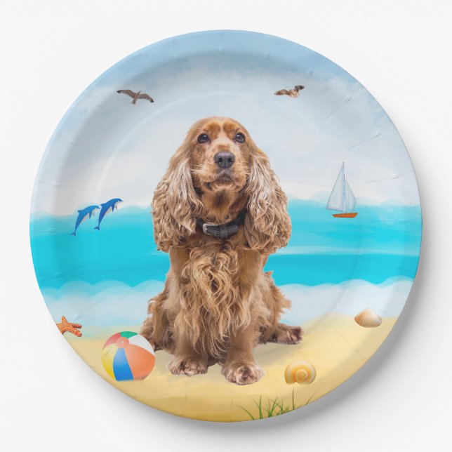 Cocker Spaniel Dog on Beach Paper Plate (Front)