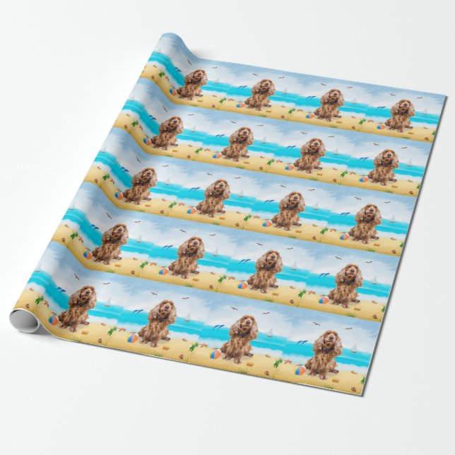 Cocker Spaniel Dog on Beach Wrapping Paper (Unrolled)