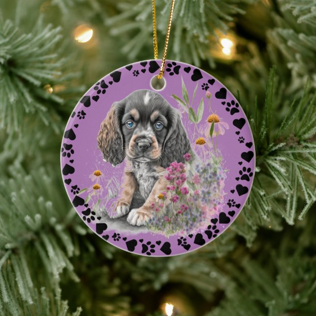 Cocker Spaniel Dog Paw Hearts Pet Photo Lavender Ceramic Tree Decoration (Tree)