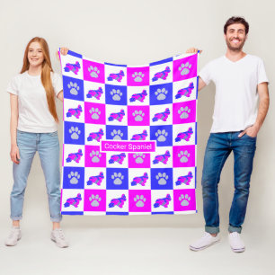 Cocker Spaniel Dog & Paw Hot Pink and Blue Fleece Blanket