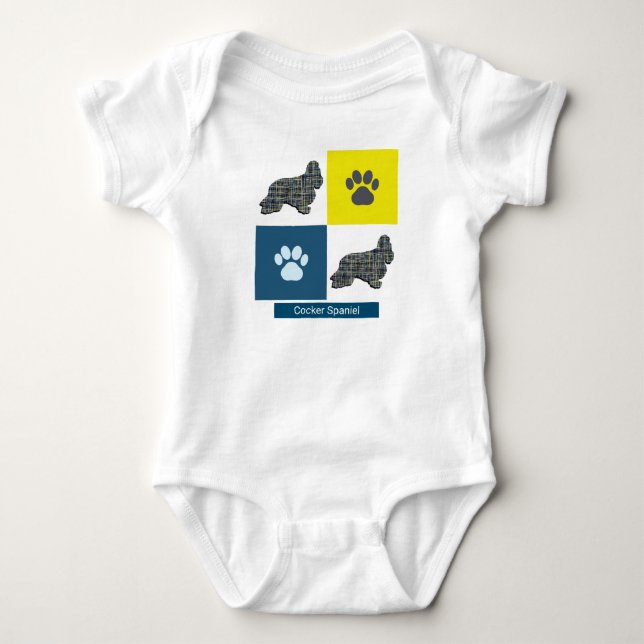 Cocker Spaniel Dog & Paw Y&B Grid Square Baby Bodysuit (Front)