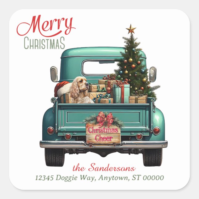 Cocker Spaniel Dog Retro Truck Christmas Square Sticker (Front)