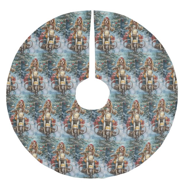 Cocker Spaniel Dog Riding Motorcycle Christmas  Brushed Polyester Tree Skirt (Front)