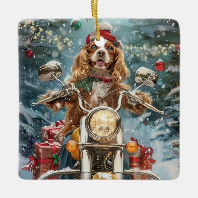 Cocker Spaniel Dog Riding Motorcycle Christmas  Ceramic Ornament (Front)