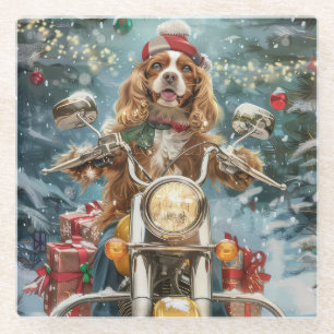 Cocker Spaniel Dog Riding Motorcycle Christmas  Glass Coaster
