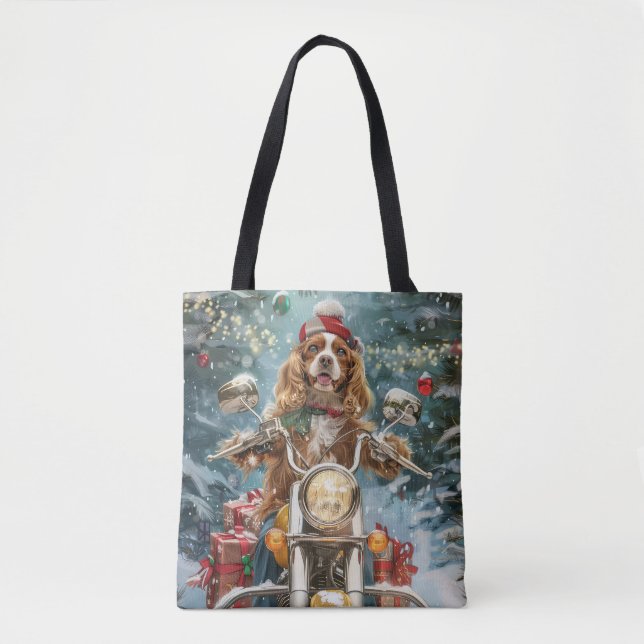 Cocker Spaniel Dog Riding Motorcycle Christmas  Tote Bag (Front)