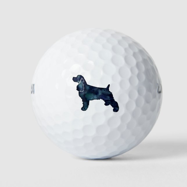Cocker Spaniel Dog Silhouette Black Watercolor Golf Balls (Front)