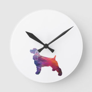 Cocker Spaniel Dog Silhouette Geometric Pattern Pu Round Clock