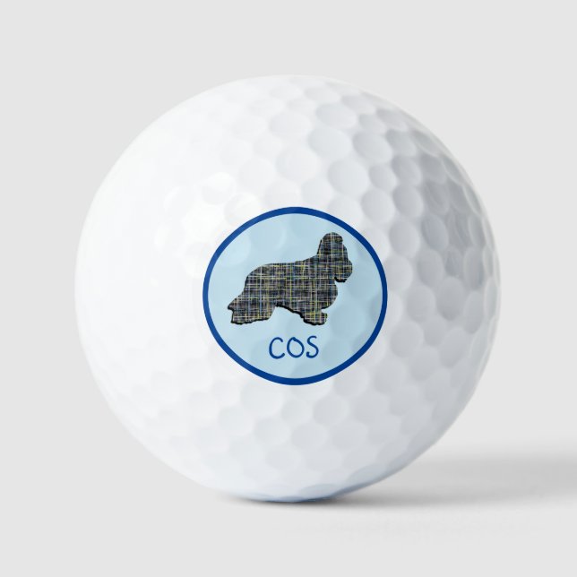 Cocker Spaniel Dog Silhouette Monogram Grid Blue Golf Balls (Front)