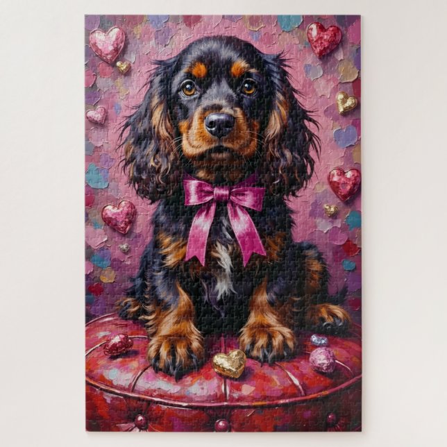 Cocker Spaniel Dog Valentine's Day Red Ottoman Jigsaw Puzzle (Vertical)