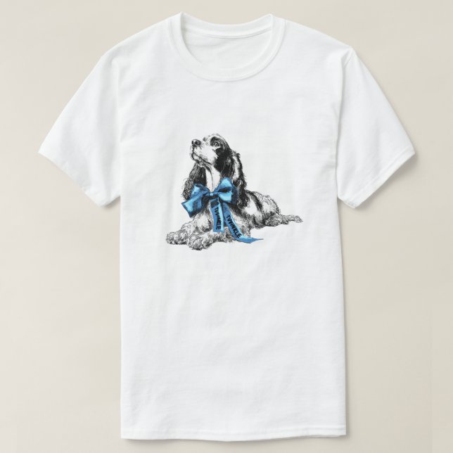 Cocker Spaniel Dog with Blue Bow Hand-Drawn Sketch T-Shirt (Design Front)