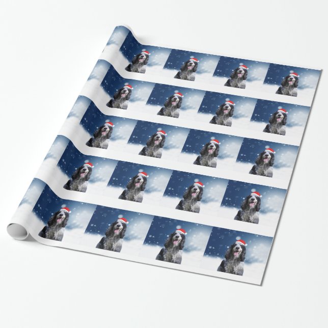 Cocker Spaniel Dog With Christmas Santa Hat Wrapping Paper (Unrolled)