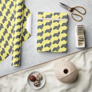 Cocker Spaniel Dog Y&B Silhouette Grid Yellow Wrapping Paper