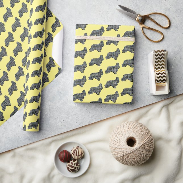 Cocker Spaniel Dog Y&B Silhouette Grid Yellow Wrapping Paper (Crafts)