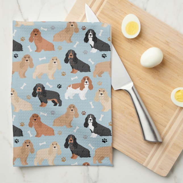 Cocker Spaniel Dogs Bones and Paws Blue Tea Towel (Quarter Fold)