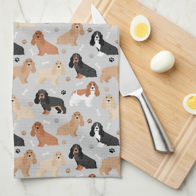 Cocker Spaniel Dogs Bones and Paws Grey Tea Towel (Quarter Fold)