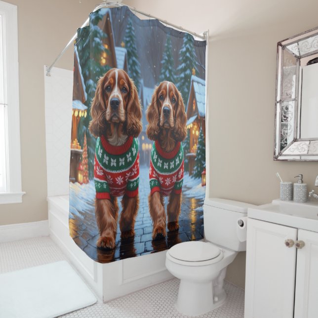 Cocker Spaniel Dogs Christmas Snow Holiday Shower Curtain (In Situ)