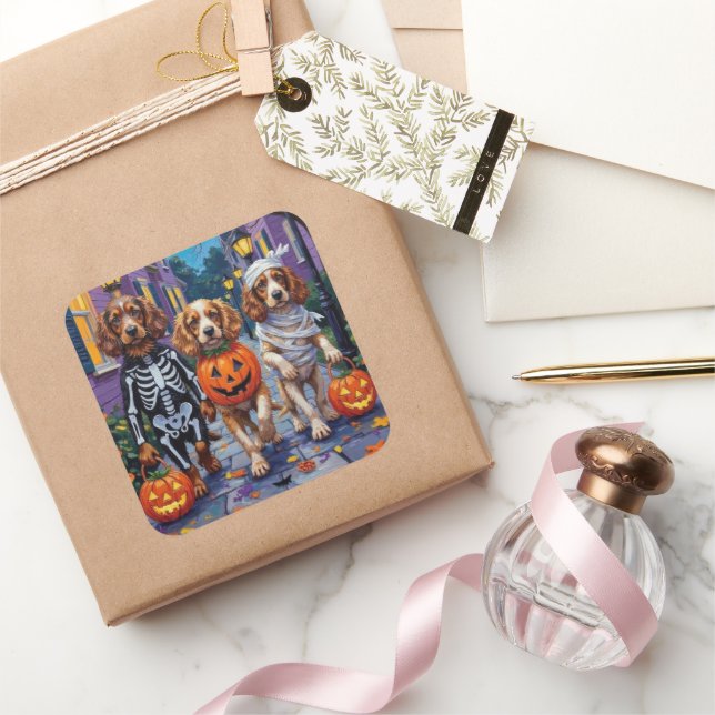 Cocker Spaniel Dogs Trick-or-Treating in Halloween Square Sticker (Gifting)
