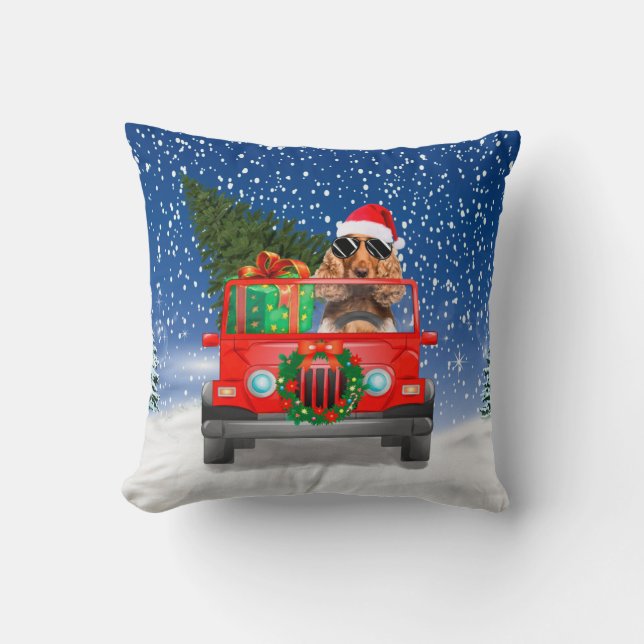 Cocker Spaniel Driving Car Winter Scene Christmas Cushion (Front)