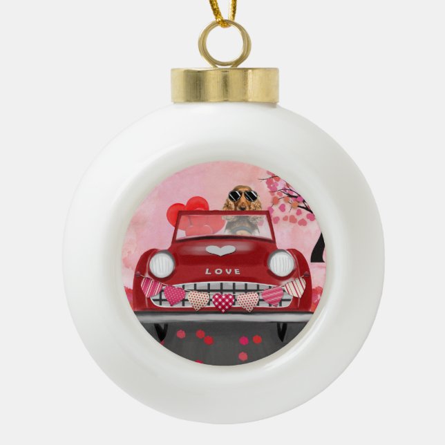 Cocker Spaniel Driving Car with Hearts Valentine's Ceramic Ball Christmas Ornament (Front)