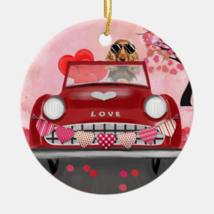 Cocker Spaniel Driving Car with Hearts Valentine's Ceramic Tree Decoration