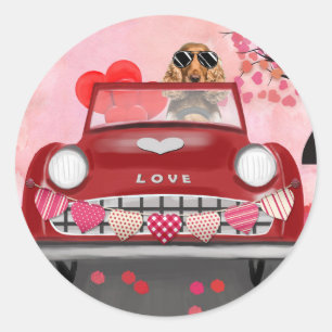 Cocker Spaniel Driving Car with Hearts Valentine's Classic Round Sticker