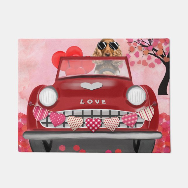 Cocker Spaniel Driving Car with Hearts Valentine's Doormat (Front)