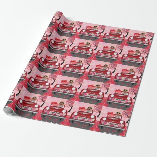 Cocker Spaniel Driving Car with Hearts Valentine's Wrapping Paper (Unrolled)
