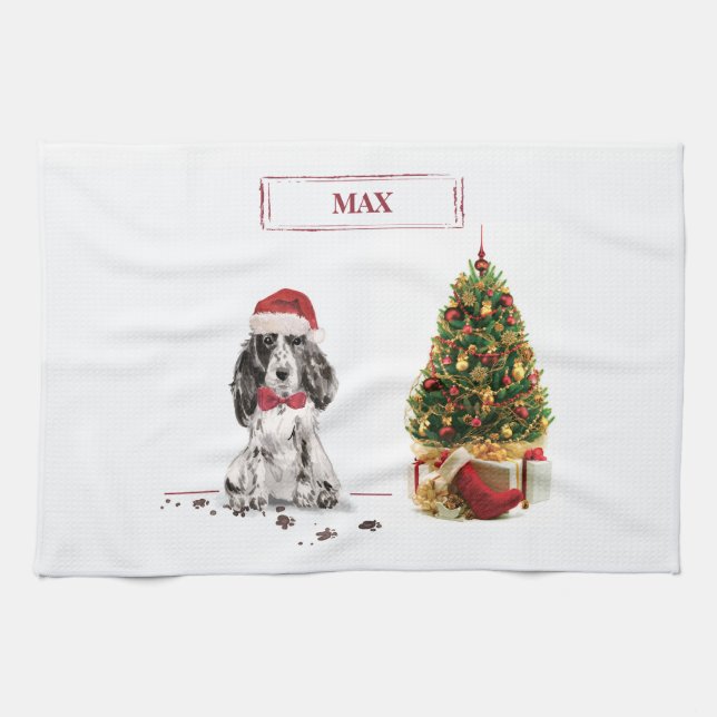 Cocker Spaniel Funny Christmas Dog with Tree Tea Towel (Horizontal)