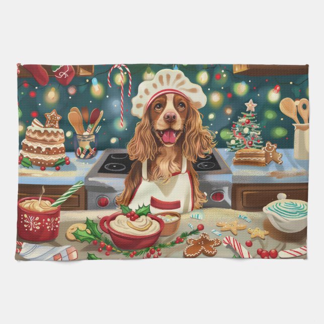 Cocker Spaniel Holiday Baking: Festive Christmas Tea Towel (Horizontal)