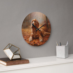 Cocker Spaniel in Autumn Leaves Fall Inspire Large Clock