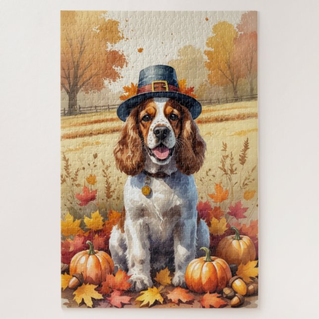 Cocker Spaniel In Autumn Leaves Thanksgiving Art Jigsaw Puzzle (Vertical)
