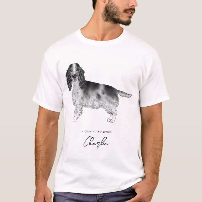 Cocker Spaniel In Black & White With Custom Text T-Shirt (Front)