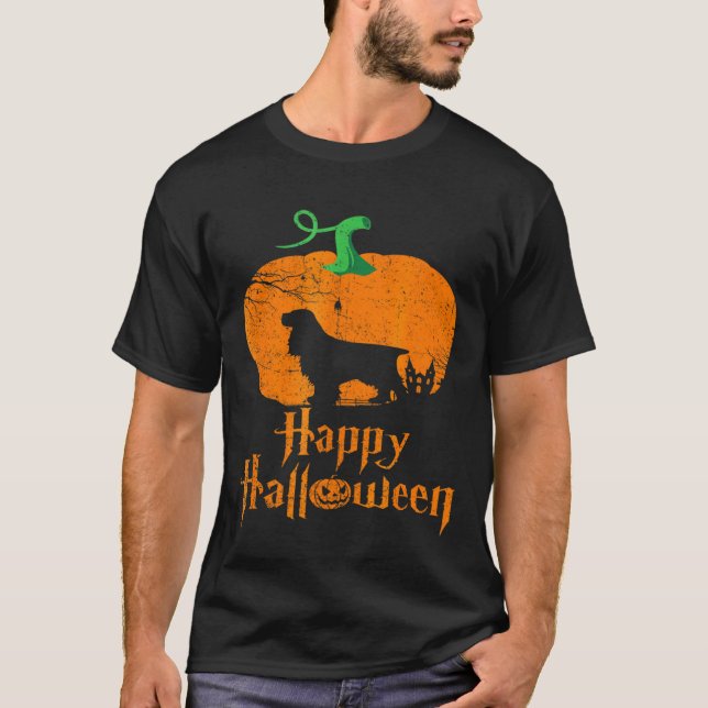 Cocker Spaniel In Pumpkin Happy Halloween T-Shirt (Front)