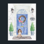 Cocker Spaniel Moving Announcement Postcard<br><div class="desc">Announce your new address with our stylish announcement featuring a Brown Cocker Spaniel,  blue front door,  welcome mat,  slate sign,  topiaries and a floral wreath set on a grey brick background.</div>