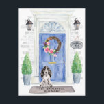 Cocker Spaniel Moving Announcement Postcard<br><div class="desc">Announce your new address with our stylish announcement featuring a Cocker Spaniel,  blue front door,  welcome mat,  slate sign,  topiaries and a floral wreath set on a grey brick background.</div>