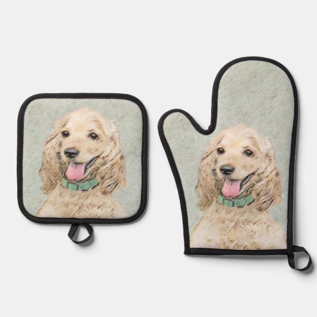 Cocker Spaniel Painting Buff Gold Original Dog Art Oven Mitt & Pot Holder Set (Front)