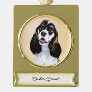 Cocker Spaniel (Parti) Painting - Original Dog Art Gold Plated Banner Ornament
