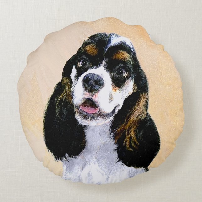 Cocker Spaniel (Parti) Painting - Original Dog Art Round Cushion (Back)