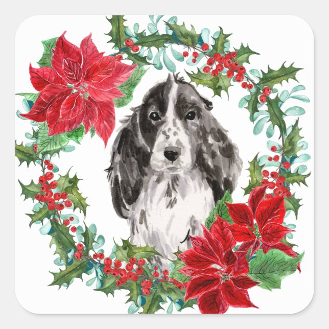 Cocker Spaniel Poinsettia Christmas Wreath Square Sticker (Front)