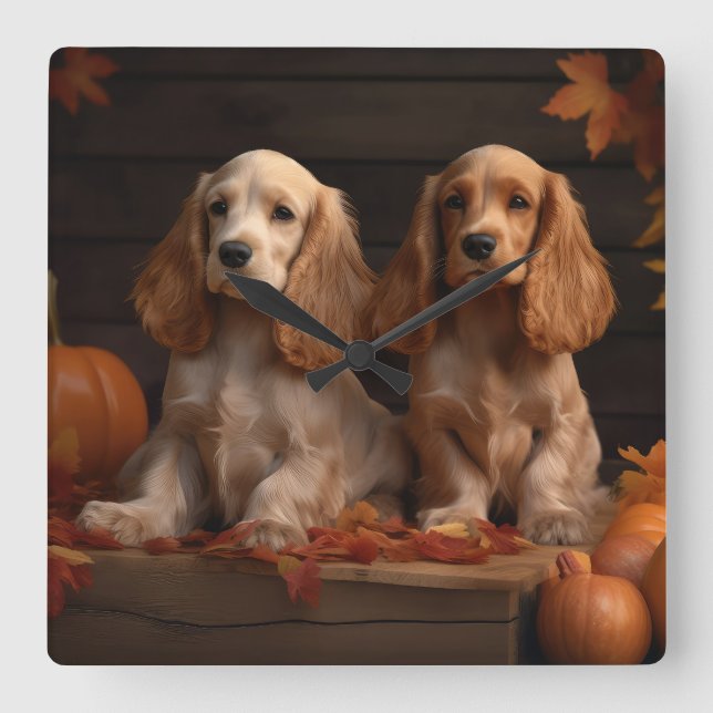 Cocker Spaniel Puppy Autumn Delight Pumpkin  Square Wall Clock (Front)