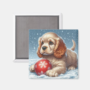 Cocker Spaniel Puppy Resting on Snow With a Ball Magnet