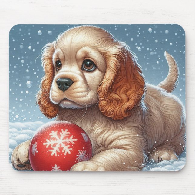 Cocker Spaniel Puppy Resting on Snow With a Ball Mouse Mat (Front)
