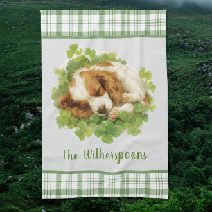 Cocker Spaniel Puppy Sleeping in Shamrocks Plaid  Tea Towel