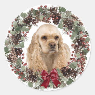 Cocker Spaniel Red Bow Pinecone Wreath Christmas Classic Round Sticker